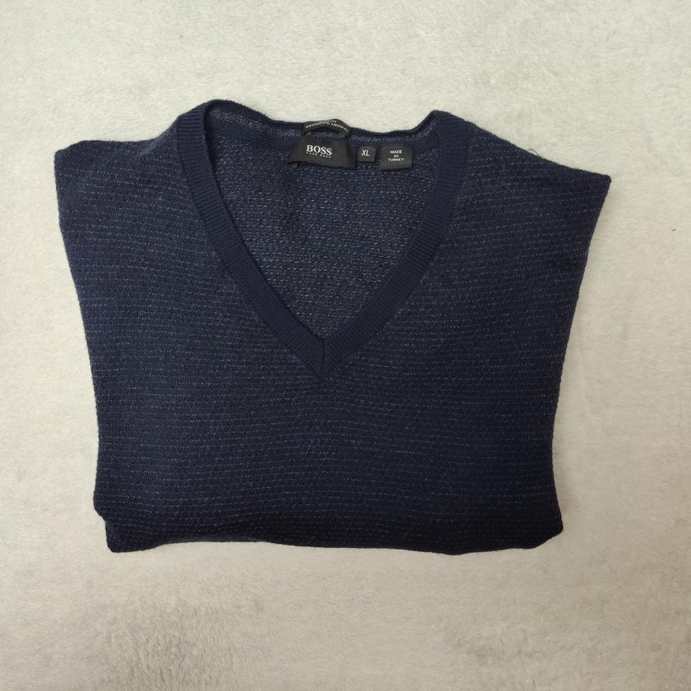 Hugo Boss Sweater Mens XL Blue V-Neck Waffle-Knit Slim Merino Pullover Logo